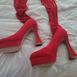 Red Platform Attached Stockings Stiletto Boots